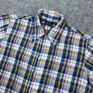 VTG JC Penney Shirt Mens XL Blue Plaid 70s 80s Short Sleeve‎ Disco Dagger Collar